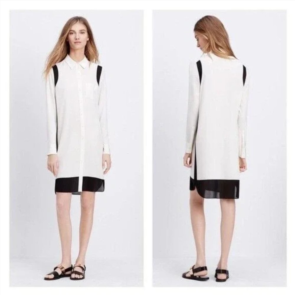 Vince Silk Cream and Black Color Block Stripe Shirt Dress
